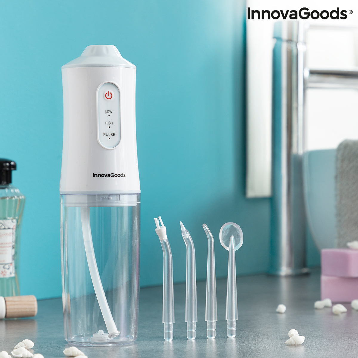 InnovaGoods Denter Munddusche elektrisch kabellos – 220 ml, IPX7, 3 Modi, 4 Aufsteckdüsen