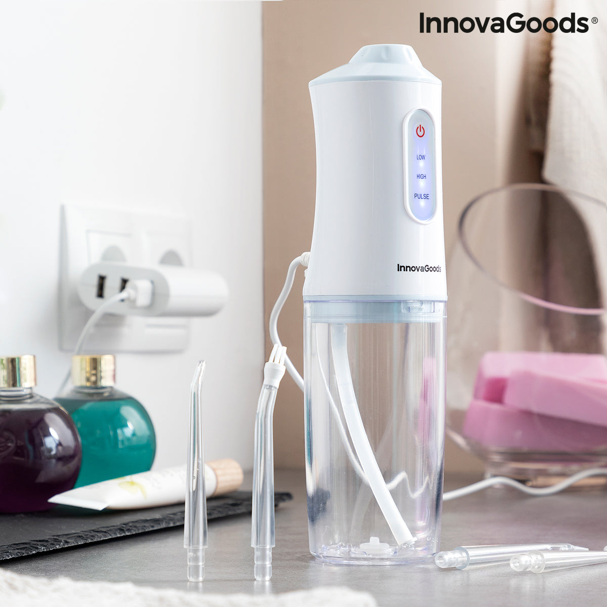 InnovaGoods Denter Munddusche elektrisch kabellos – 220 ml, IPX7, 3 Modi, 4 Aufsteckdüsen