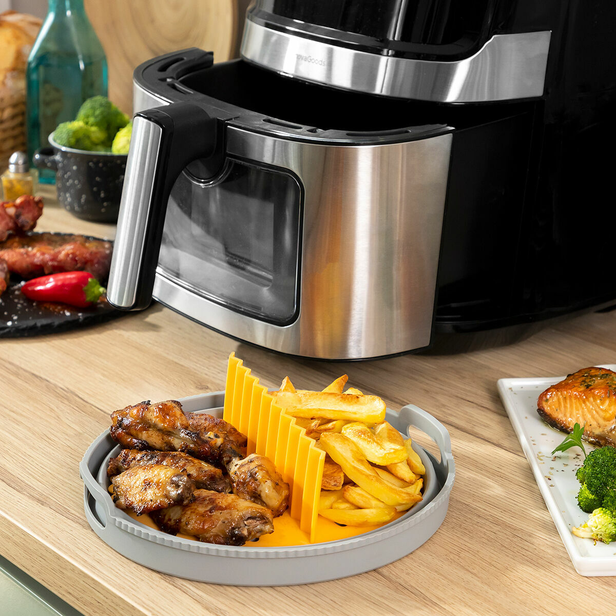 InnovaGoods Fliynner Faltbare Airfryer-Silikonkörbe – 3er-Set mit Trennwänden