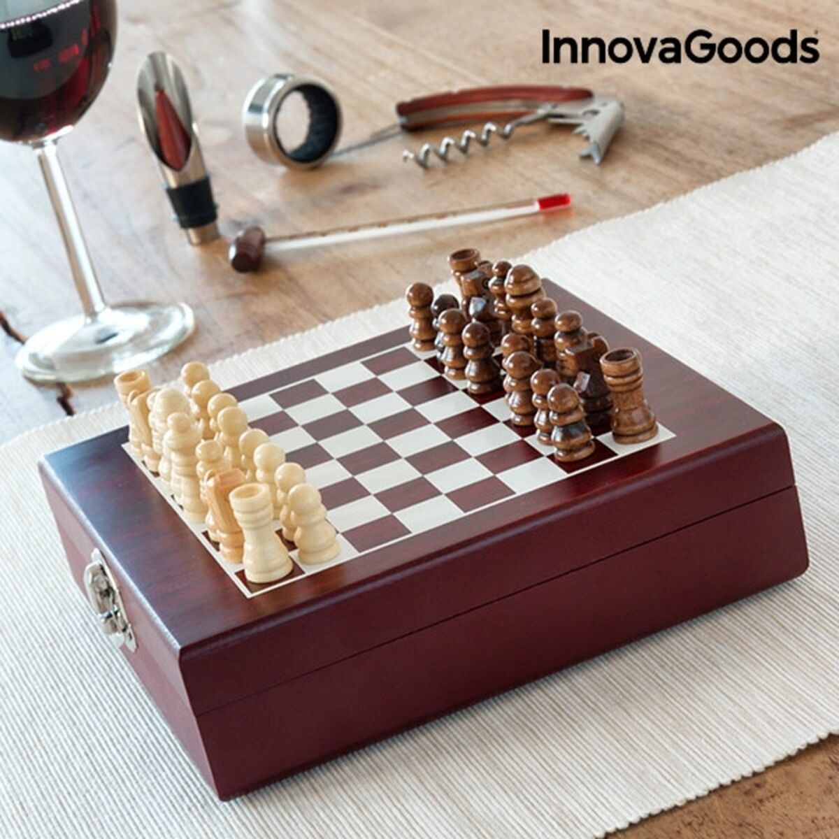 Schach-Wein-Set InnovaGoods 37-teilig Holz Edelstahl 15 x 5 x 17 cm