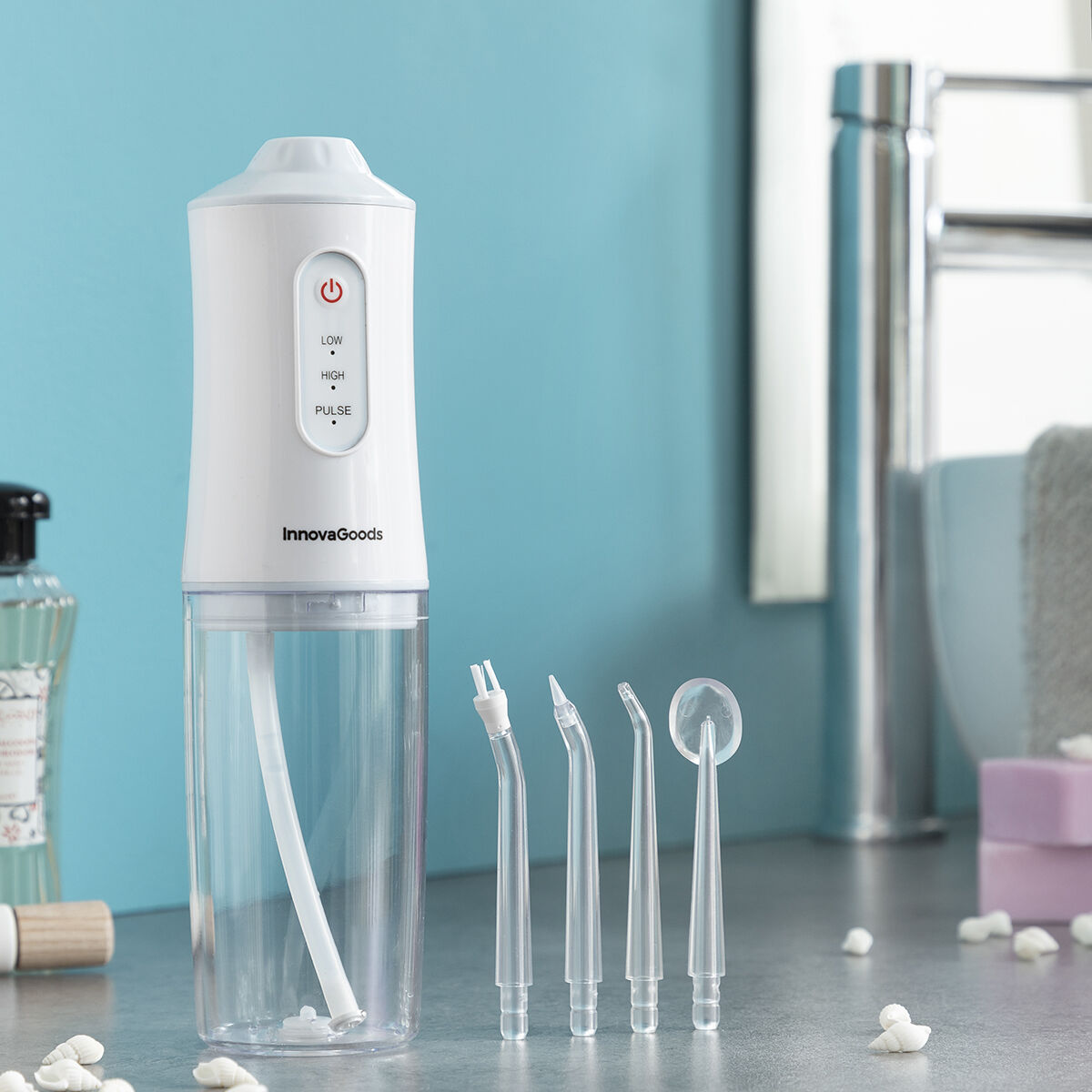 InnovaGoods Denter Munddusche elektrisch kabellos – 220 ml, IPX7, 3 Modi, 4 Aufsteckdüsen