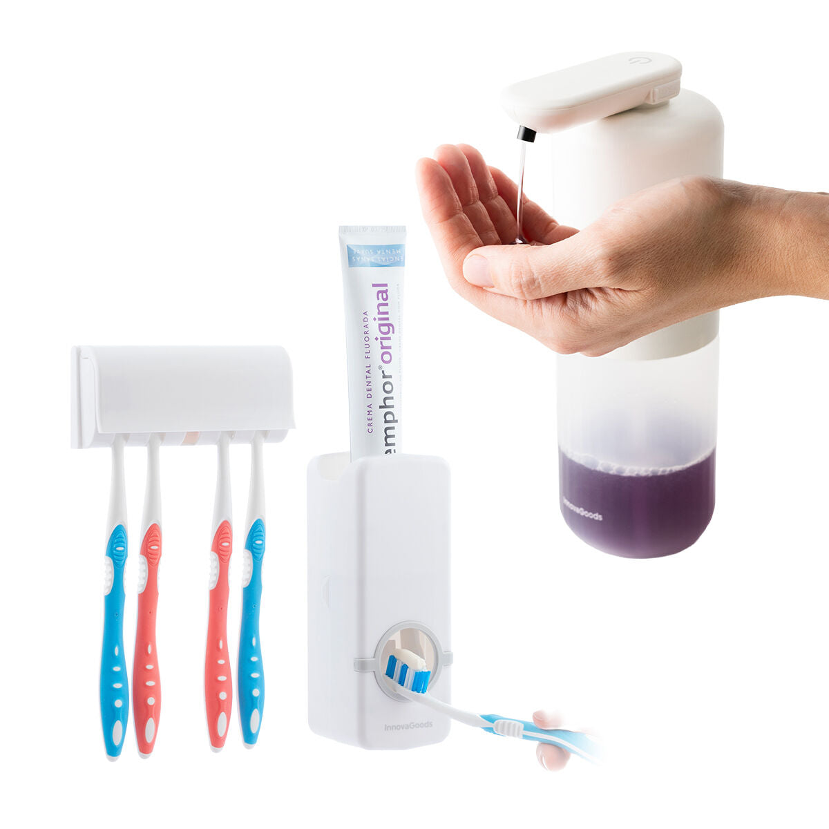 InnovaGoods Diseeth & Bitesap Badset mit Zahnpasta- und Sensor-Seifenspender