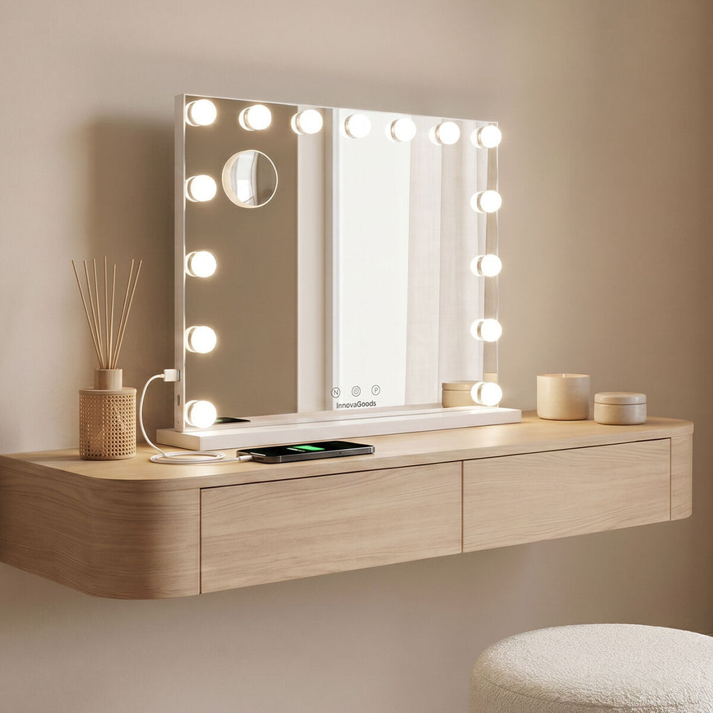 InnovaGoods Glimma Deluxe Hollywood-Schminkspiegel mit 15 LEDs – Weiß