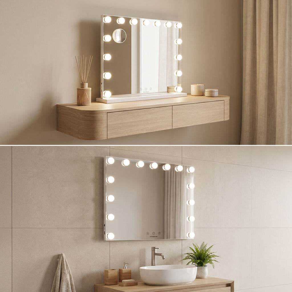 InnovaGoods Glimma Deluxe Hollywood-Schminkspiegel mit 15 LEDs – Weiß