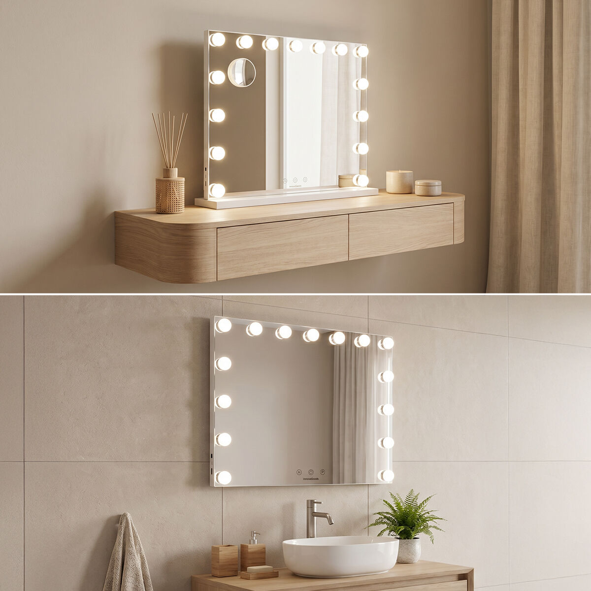 InnovaGoods Glimma Deluxe Hollywood-Schminkspiegel mit 15 LEDs – Weiß