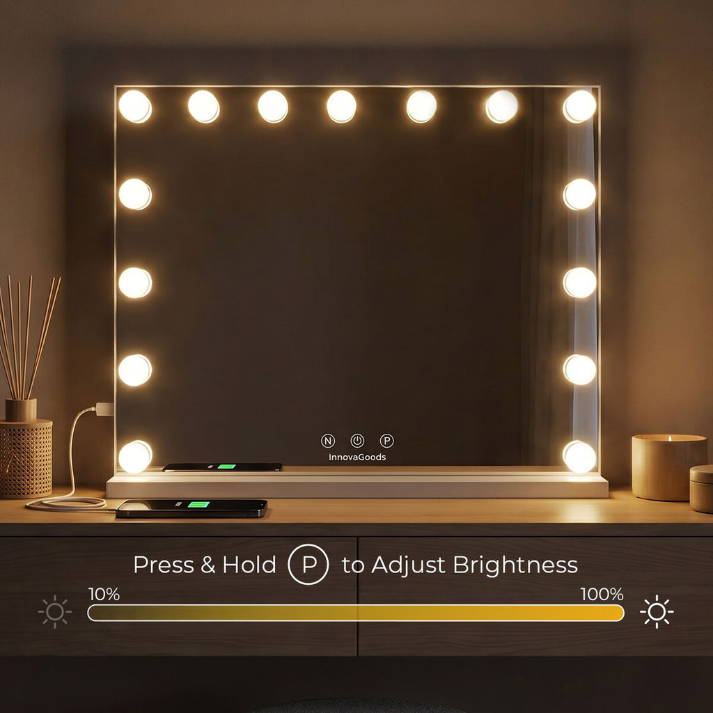 InnovaGoods Glimma Deluxe Hollywood-Schminkspiegel mit 15 LEDs – Weiß
