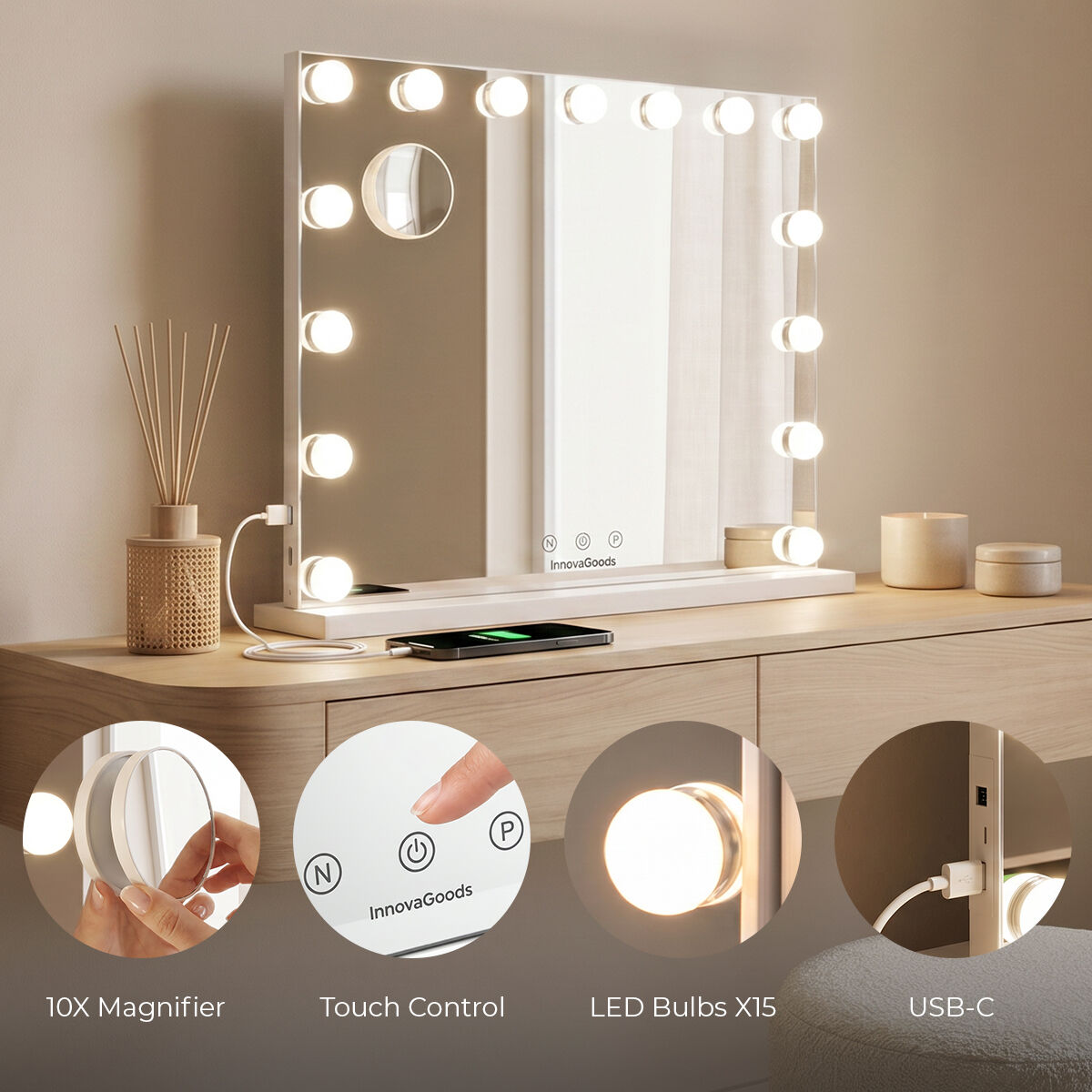 InnovaGoods Glimma Deluxe Hollywood-Schminkspiegel mit 15 LEDs – Weiß
