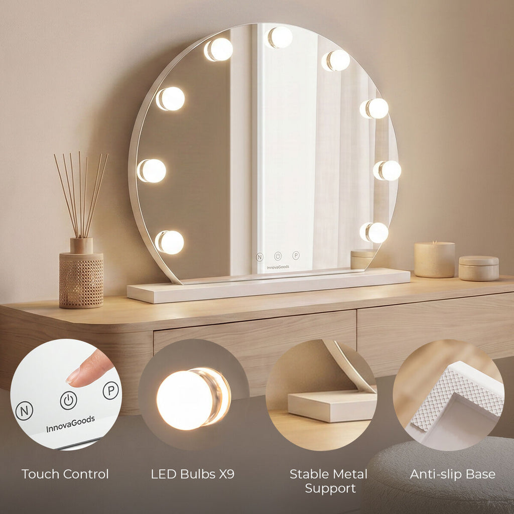 InnovaGoods Gloette Hollywood-Schminkspiegel mit 9 LED-Leuchten – Weiß