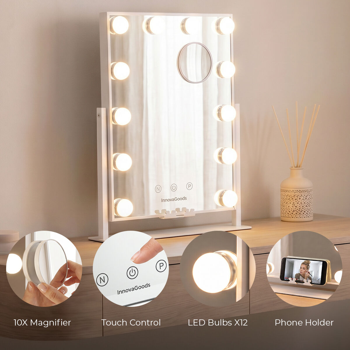 InnovaGoods Glarisse LED-Schminkspiegel – 12 Lampen und 10-fach-Spiegel