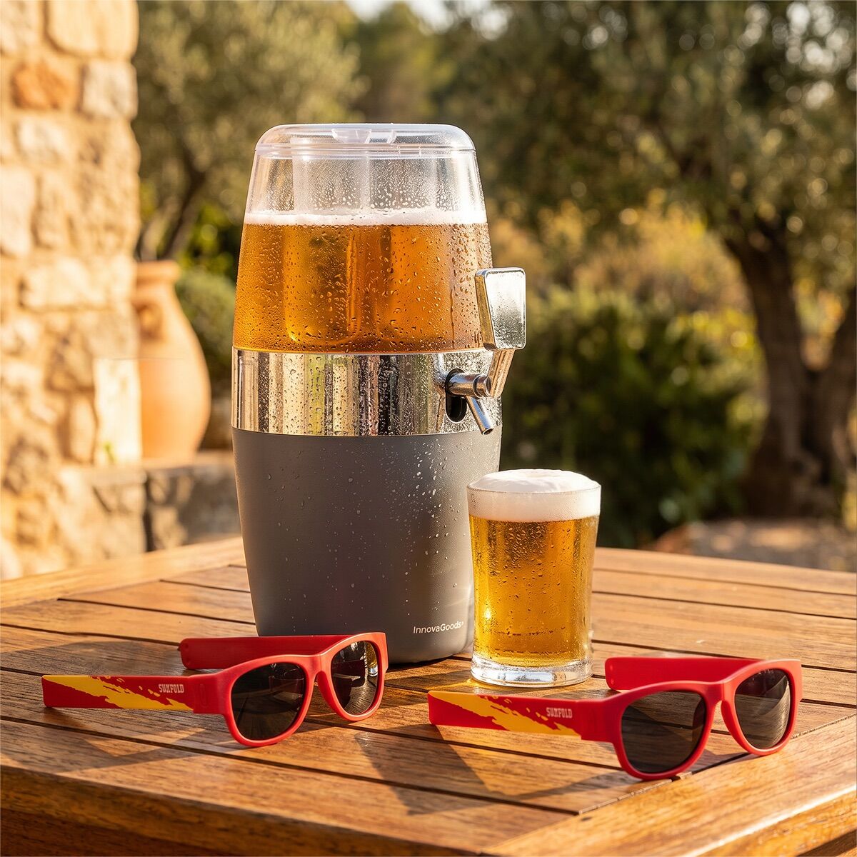InnovaGoods Freer Getränkespender 4 L mit 2 Sunfold-Sonnenbrillen Spain Rot